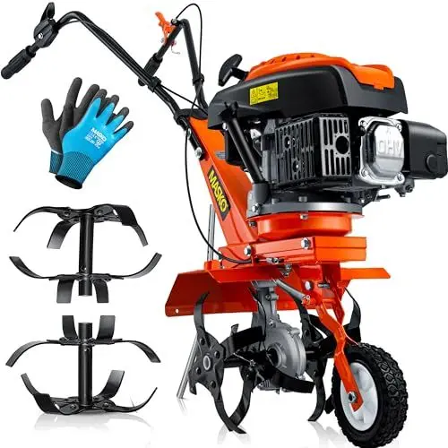 Produktbild: MASKO® Benzin Gartenfräse MK-909 Motorhacke 2,2kW (3PS) 139ccm | Ackerfräse mit 36cm Arbeitsbreite 4 Takt Motor 16 Harte Messer Bodenfräse Gartenhacke Kultivator Bodenhacke inkl. Handschuhe Orange
