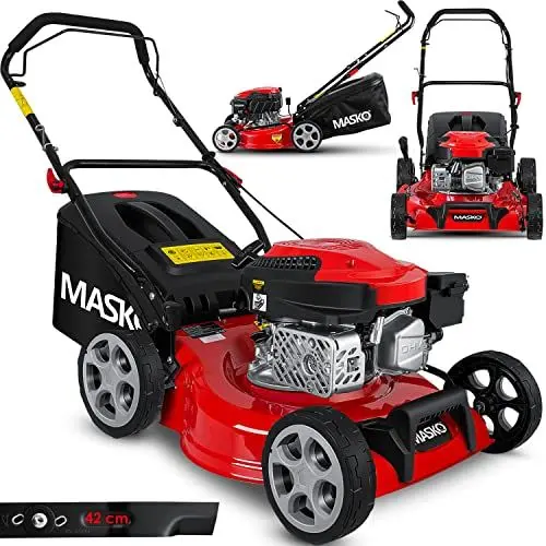 Produktbild: MASKO® Benzin Rasenmäher 3in1 | 42 cm Schnittbreite | 7- fache Schnitthöhenverstellung | 4 Takt OHV Motor 3,4 PS | 50 Liter Fangkorb| Inkl. Mulch- Kit, Seitenauswurf, Handschuhe & Rasenmäherbürste