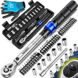 Produktbild: MASKO® Drehmomentschlüssel 45-tlg. Set Auto, Fahrrad & Motorrad 1/4 Zoll 5-25Nm inkl. Handschuhe, Magnetische Zündkerzenhülse Stecknüsse mit Verlängerungsstange 100mm +/- 4% Toleranz Reifenschlüsse