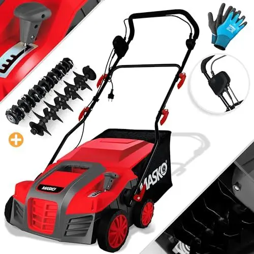 Produktbild: MASKO® Elektro 2in1 Vertikutierer Rasenlüfter 1800W 40cm Arbeitsbreite 55L Fangkorb mit Lüfterwalze Lüfter Moosentferner, Bürste & Handschuhe 5-stufige Arbeitstiefe einstellbar höhenverstellbarer Holm