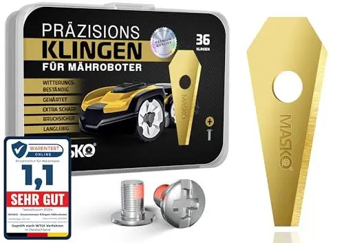 Produktbild: MASKO® Ersatzmesser Klingen für Mähroboter | Rasenmäher Messer universal inkl. innovativen Schrauben | Ersatzklingen Rasenroboter langlebig Titan-Beschichtung Kompatibel mit Bosch 36 Stück