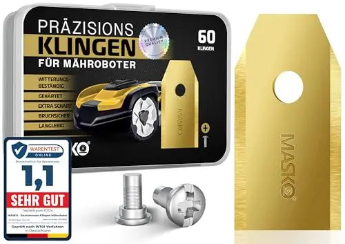 Produktbild: MASKO® Ersatzmesser Klingen für Mähroboter | Rasenmäher Messer universal inkl. innovativen Schrauben | Ersatzklingen Rasenroboter langlebig Titan-Beschichtung Kompatibel mit Gardena/Husqvarna 60 Stück