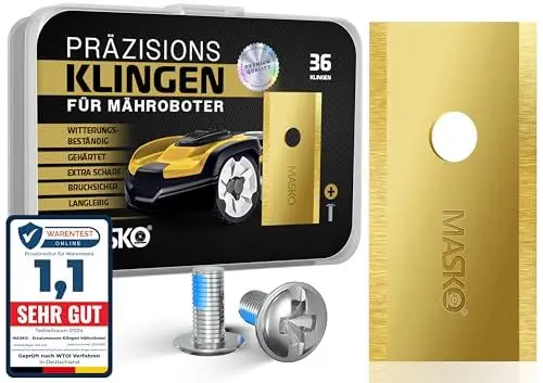 Produktbild: MASKO® Ersatzmesser Klingen für Mähroboter | Rasenmäher Messer universal inkl. innovativen Schrauben | Ersatzklingen Rasenroboter langlebig Titan-Beschichtung Kompatibel mit Worx 36 Stück