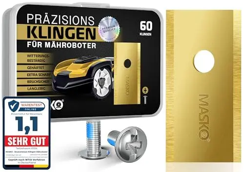 Produktbild: MASKO® Ersatzmesser Klingen für Mähroboter | Rasenmäher Messer universal inkl. innovativen Schrauben | Ersatzklingen Rasenroboter langlebig Titan-Beschichtung Kompatibel mit Worx 60 Stück