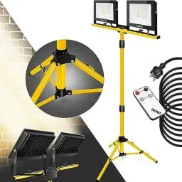 Produktbild: MASKO® LED Baustrahler mit Stativ Fernbedienung 100W Doppel 2x 50W Strahler 6500K Arbeitsleuchte Arbeitsscheinwerfer 5m Bauscheinwerfer Baustellenlampe innen außen höhenverstellbar bis max. 190cm