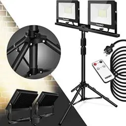 Produktbild: MASKO® LED Baustrahler 8000 Lumen Doppel 2x50W mit Stativ & Fernbedienung Arbeitsleuchte 72LEDs Arbeitsscheinwerfer 180° Drehbar Bauscheinwerfer 5m Kabel Baustellenlampe höhenverstellbar 102-202cm