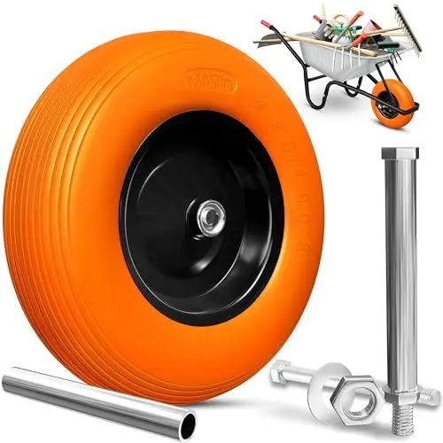 Produktbild: MASKO® PU Schubkarrenrad Vollgummi 200 kg 4.80/4.00-8 Ø 390mm Achse Ersatzrad Gummirad Stahlfelge Reifen pannensicher für Schubkarre Gartenkarren pannensicheres PU Rad inkl. Handschuhe, Orange