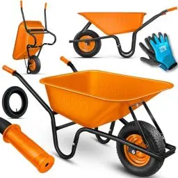 Produktbild: MASKO® Schubkarre Bauschubkarre Gartenschubkarre 100 Liter 250kg Luftreifen mit Stahlfelge + Ersatzschlauch Schubkarrenschlauch, verzinkt Stahlrahmen Garten Karre Schiebkarre Transportkarre Handschuhe
