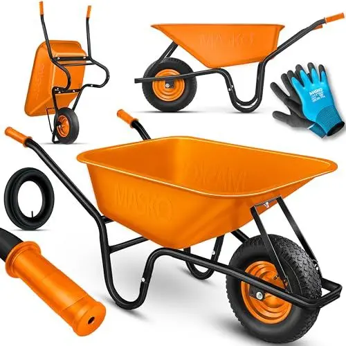 Produktbild: MASKO® Schubkarre Bauschubkarre Gartenschubkarre 100 Liter 250kg Luftreifen mit Stahlfelge + Ersatzschlauch Schubkarrenschlauch, verzinkt Stahlrahmen Garten Karre Schiebkarre Transportkarre Handschuhe