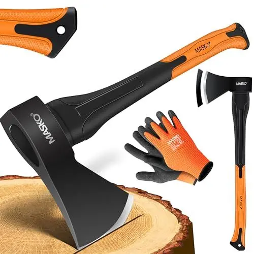 Produktbild: MASKO® Spaltaxt Spaltbeil Axt Beil Spalthammer Spaltkeil FIBERGLAS-Stiel + Handschuhe Die Perfekten Werkzeuge für Garten und Wald Universal | Robust | Langlebig | Rostfrei | Holzbeil 1000g