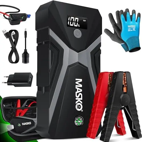 Produktbild: MASKO® Starthilfe Powerbank Auto 3000A Spitzenstrom 24000mAh (Bis Zu 8,0L Benzin Oder 8L Diesel) Mit LED Taschenlampe, Für 12V-Fahrzeuge Batterie Starter SUV Motorrad ATV Rasenmäher, Inkl. Handschuhe
