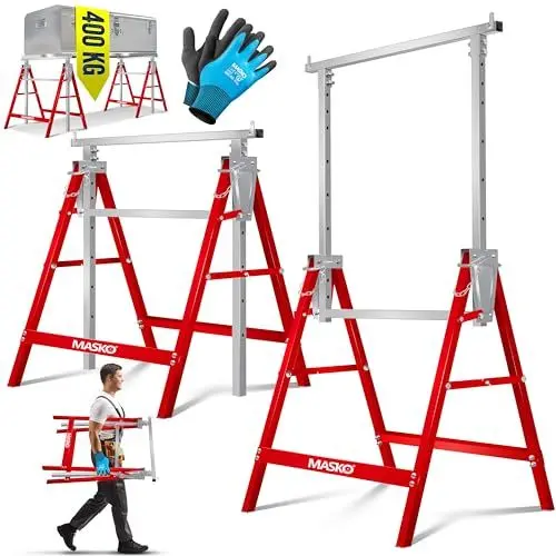 Produktbild: MASKO® Teleskop-Arbeitsbock Untergestell 1-er Set | Klappbock max. Belastbarkeit 200 kg | Unterstellbock höhenverstellbar Min. / max. Arbeitshöhe 800-1300 mm | Gerüstbock inkl. Handschuhe | Rot