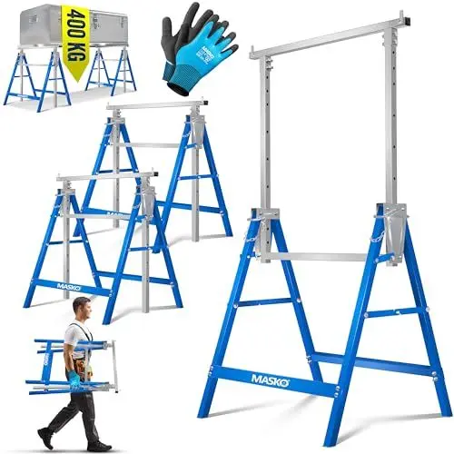 Produktbild: MASKO® Teleskop-Arbeitsbock Untergestell 2-er Set | Klappbock max. Belastbarkeit 200 kg | Unterstellbock höhenverstellbar Min. / max. Arbeitshöhe 800-1300 mm | Gerüstbock inkl. Handschuhe | Blau