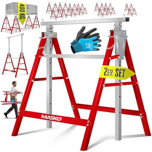 Produktbild: MASKO® Teleskop-Arbeitsbock Untergestell 2-er Set | Klappbock max. Belastbarkeit 200 kg | Unterstellbock höhenverstellbar Min. / max. Arbeitshöhe 800-1300 mm | Gerüstbock inkl. Handschuhe | Rot