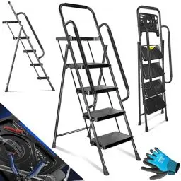 Produktbild: MASKO® Trittleiter Klappleiter 4 Stufen-Leiter mit Handläufen Stufenleiter belastbar bis 150 kg Tritthocker Anti-Rutsch | Klapptritt Leiter + Handschuhe Werkzeugablage & automatisches Schloss, Schwarz