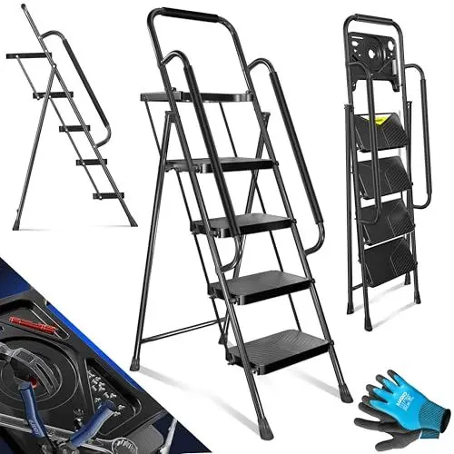 Produktbild: MASKO® Trittleiter Klappleiter 4 Stufen-Leiter mit Handläufen Stufenleiter belastbar bis 150 kg Tritthocker Anti-Rutsch | Klapptritt Leiter + Handschuhe Werkzeugablage & automatisches Schloss, Schwarz