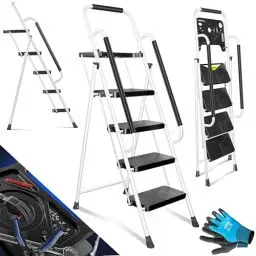 Produktbild: MASKO® Trittleiter Klappleiter 4 Stufen-Leiter mit Handläufen Stufenleiter belastbar bis 150 kg Tritthocker Anti-Rutsch | Klapptritt Leiter + Handschuhe Werkzeugablage & automatisches Schloss, Weiß