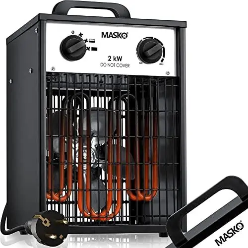 Produktbild: Masko® Elektroheizer Heizlüfter Bauheizer 2 KW mit integriertem Thermostat elektrisch Heizgerät 2000 Watt 3 Heizstufen Heizgebläse für Innen- und Außeneinsatz Überlastschutz Elektroheizgebläse Weiß