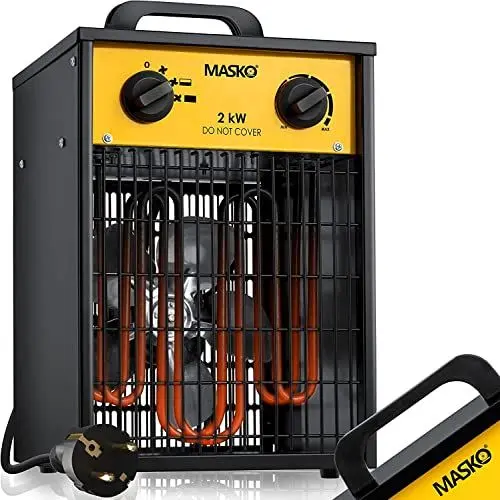 Produktbild: Masko® Elektroheizer Heizlüfter Bauheizer 2 KW mit integriertem Thermostat elektrisch Heizgerät 2000 Watt 3 Heizstufen Heizgebläse für Innen- und Außeneinsatz Überlastschutz Elektroheizgebläse Gelb