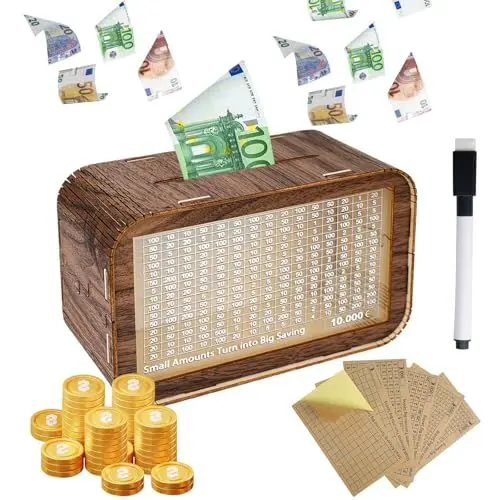 Produktbild: Mason Life Spardose 10000 Euro, Spardose mit Zähler, Sparschwein Aus Holz mit ZäHler Sparbox, Wiederverwendbar Sparbox mit Zahlen Ankreuzen, Geldsparbox Geeignet für Kinder Und Erwachsene