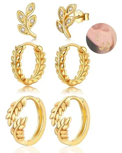 Produktbild: MASOP 3 Paar Blatt Ohrringe Gold Set für Mehrere Ohrlöcher Ohrringe Creolen Silber 925 Stecker AAA Zirkonia Ohrstecker Vergoldet Zweig Laub für Frauen Damen Mädchen 12/14mm