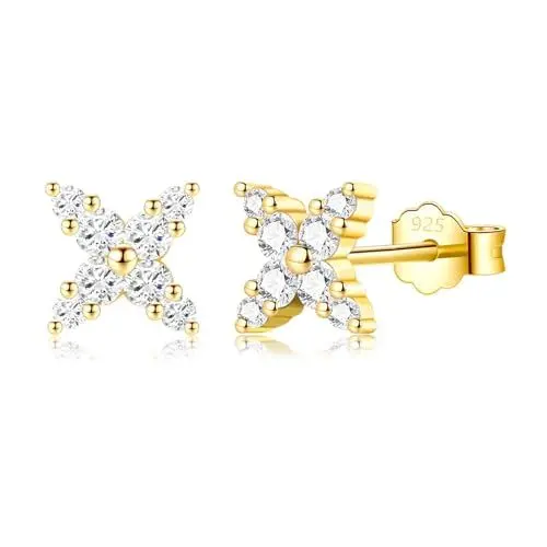 Produktbild: MASOP Ohrstecker Kreuz Zirkonia Kleeblatt Ohrringe Stecker Gold Silber 925 Vergoldet Cross mit AAA Zirkonia 9mm Damen Herren Mädchen