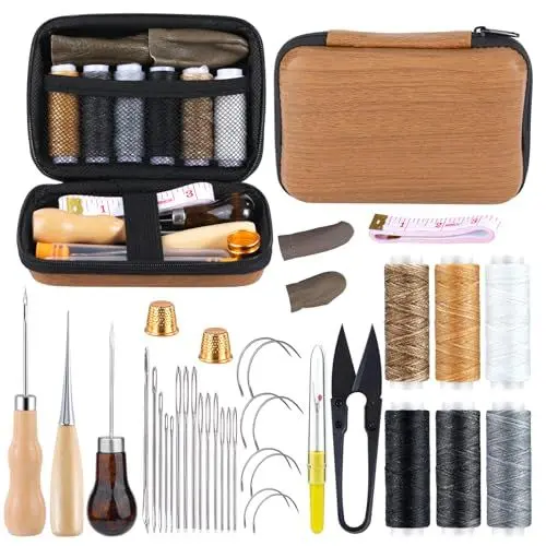 Produktbild: MASPHY 45 Piece Leder Nähen Set, Lederhandwerk Werkzeug Set, einschließlich Wachsfaden und Nadel, Nähgarn-Kit, Komplettes Zubehör, für Leder Nähen, Polsterung Reparatur Handwerk Projekte