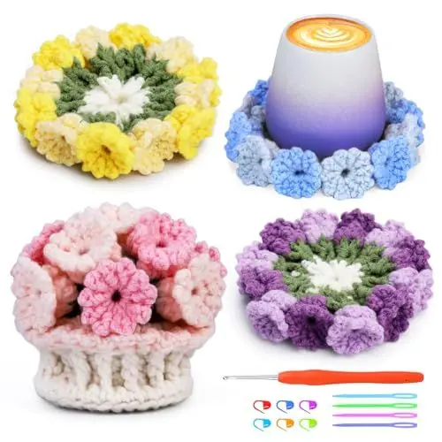 Produktbild: MASPHY Häkelset für Anfänger, 4-Teiliges Teetasse Matte Häkelset, Blumentopf Häkel-Starterset, Blumentasse Matte Häkelset, mit Schritt-für-Schritt Video Tutorial