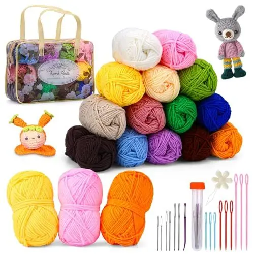 Produktbild: MASPHY Strickgarn, Strickwolle, Wollknäuel mit Nähnadel, 14 Farben/25 g, Häkeln, Baumwolle, geeignet für Anfänger und Profis im Häkeln, Handstricken