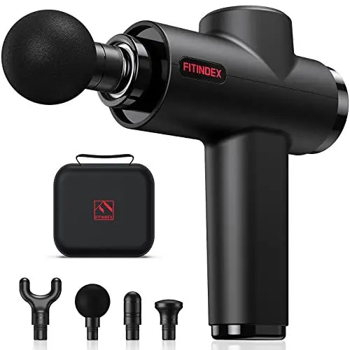 Produktbild: Massagepistole, FITINDEX Massagegerät Massage Gun bis zu 3000U/min, USB-C Kabel Massage Pistole mit 4 Massageköpfen und 5 Massage-Modi Muskel Massagegerät zur Linderung von Muskelschmerzen