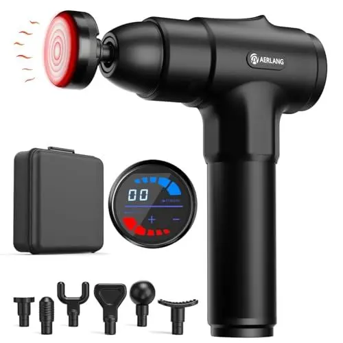 Produktbild: Massagepistole mit Wärmefunktion, AERLANG Massage Pistole Massage Gun, Muskel Massage Gun Massagegerät mit LED Anzeige, Handmassagegeräte Massage Pistole mit 20verstellbaren Stufen&7 Massageköpfen
