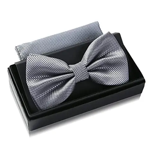 Produktbild: Massi Morino Fliege Grau mit Einstecktuch für Herren Set - Anzug Herrenfliege zur Hochzeit - Verstellbare Schleife in Silber