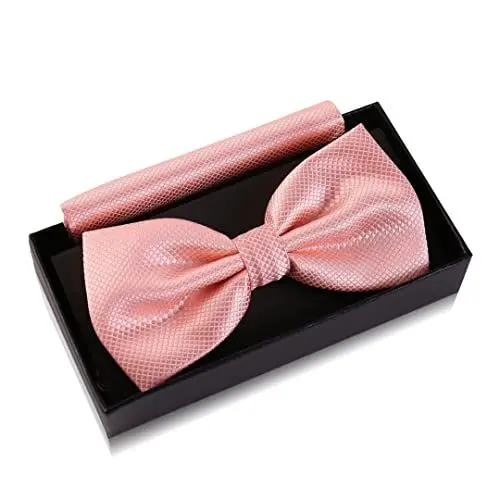 Produktbild: Massi Morino Fliege Lachs mit Einstecktuch für Herren Set - Anzug Herrenfliege zur Hochzeit - Verstellbare Schleife in Rosa