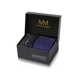 Produktbild: Massi Morino Krawatte Dunkelblau Quadrat mit Einstecktuch Set Herren inkl. Manschettenknöpfe, Krawattennadel und Geschenkbox I Männer Krawatten-Set zur Hochzeit