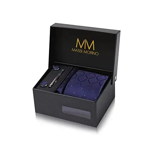 Produktbild: Massi Morino Krawatte Dunkelblau Quadrat mit Einstecktuch Set Herren inkl. Manschettenknöpfe, Krawattennadel und Geschenkbox I Männer Krawatten-Set zur Hochzeit