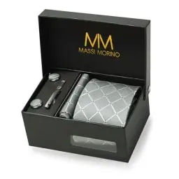Produktbild: Massi Morino Krawatte Grau Quadrat mit Einstecktuch Set Herren inkl. Manschettenknöpfe, Krawattennadel und Geschenkbox - Männer Krawattenset