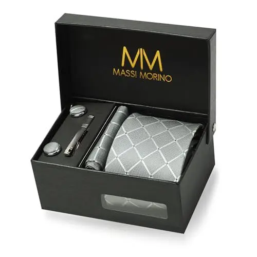 Produktbild: Massi Morino Krawatte Grau Quadrat mit Einstecktuch Set Herren inkl. Manschettenknöpfe, Krawattennadel und Geschenkbox - Männer Krawattenset