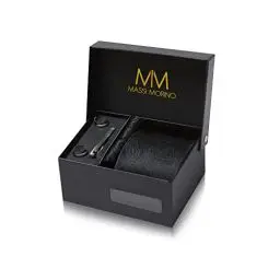 Produktbild: Massi Morino Krawatte Paisley Schwarz mit Einstecktuch Set Herren inkl. Manschettenknöpfe, Krawattennadel und Geschenkbox - Männer Krawattenset