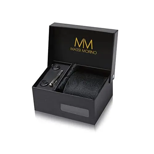 Produktbild: Massi Morino Krawatte Paisley Schwarz mit Einstecktuch Set Herren inkl. Manschettenknöpfe, Krawattennadel und Geschenkbox - Männer Krawattenset