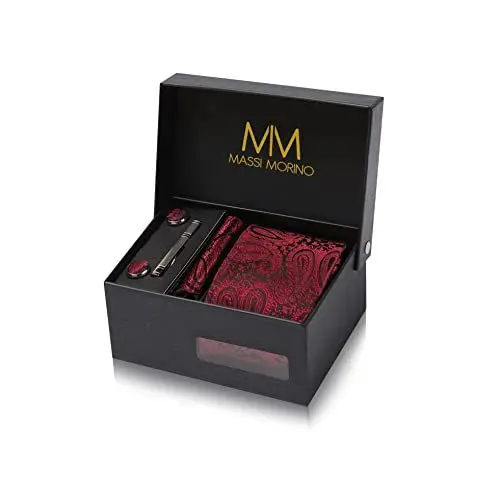 Produktbild: Massi Morino Krawatte Paisley Weinrot mit Einstecktuch Set Herren inkl. Manschettenknöpfe, Krawattennadel und Geschenkbox - Männer Krawattenset