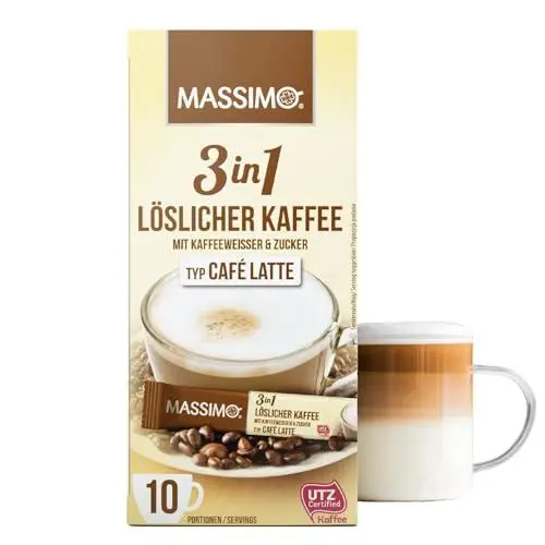 Produktbild: Massimo 3in1 Café Latte 160 Sticks Instant Kaffee á 12,5g, Löslicher Kaffeepulver, Getränkepulver mit löslichem Bohnenkaffee, Zucker und Kaffeeweißer