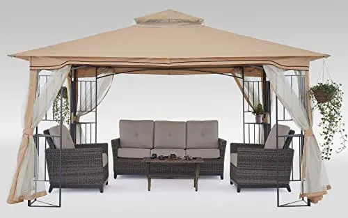Produktbild: MasterCanopy 3,4 x 3,9 m Terrassen-Gartenlaube mit Netzwänden und Eckregal für Garten, Hof, Beige
