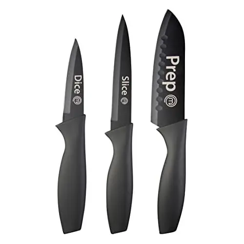 Produktbild: MasterChef Messerset, Küchenmesser Set ink. Kochmesser, Gemüsemesser & Schälmesser, Scharfe Messer Edelstahl, Antihaftbeschichtete, Soft-Touch-Griffe, Schwarz, 3-teilig