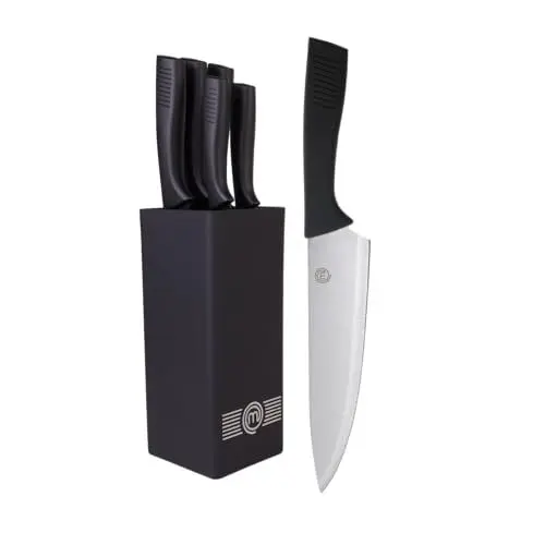 Produktbild: MasterChef Messerblock mit Messer Kuchenmesser Set mit Santokumesser, Brotmesser, Kochmesser, Gemüsemesser und Allzweckmesser, Edelstahl, Scharfes, 5-teilig, Soft-Touch-Griffe