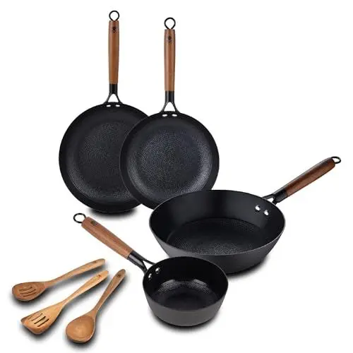 Produktbild: MasterPRO ODIN Kochset mit 3 Utensilien, 28 cm Bratpfanne, 24 cm Wok, 24 cm Pfanne, 16 cm Kasserolle, Keramikbeschichtung, Griffe aus Akazie,