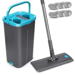 Produktbild: MASTERTOP Flacher Wischmopp Set mit Eimer, 2 in 1 Putzeimer mit Wischmop, Bodenwischer mit 6 Mikrofaser Wischpads und Edelstahlgriff, Wischmopp mit Auswringfunktion für Alle Bodentypen, Grau+Blau