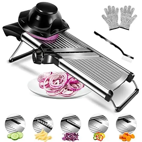 Produktbild: MASTERTOP Gemüsehobel Mandoline, 5-In-1 Edelstahl Gemüseschneider mit Klingenschützer, Reibe für Gemüse, Verstellbar Gurkenhobel Dünne Scheiben, Mehrzweck Küchenhobel Küchenreibe, Küchen Gadgets