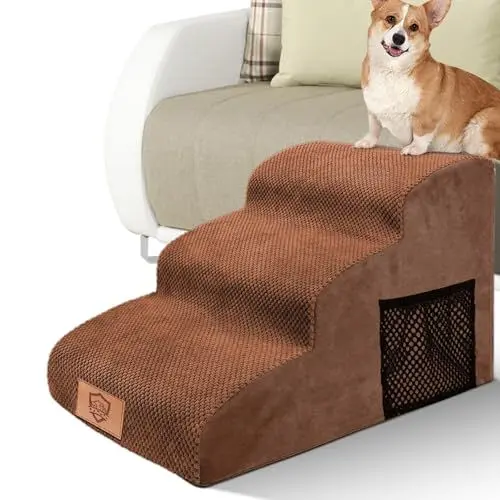 Produktbild: MASTERTOP Haustiertreppe für kleine Hunde, 3 Stufen Hundetreppe aus Hochdichter Schwamm für Sofa Betten, Leiter Haustierleiter, tragbar, abnehmbar, waschbar-Send 1 Fusselrolle