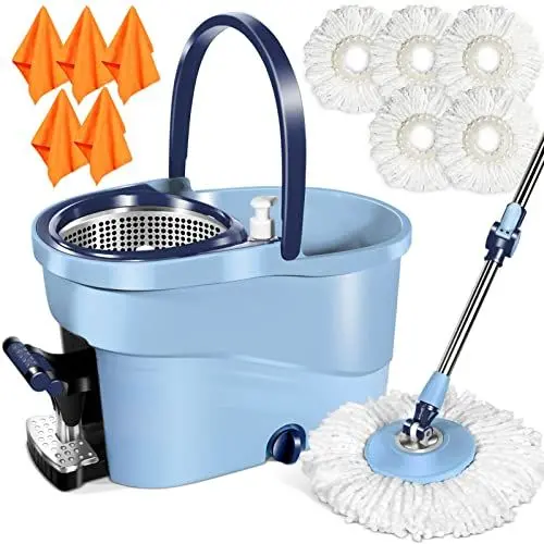 Produktbild: MASTERTOP Wischmopp Set mit Eimer,145cm Bodenwischer mit Edelstahl Teleskopstiel und 5 Mikrofaser Wischpads,Profi Wischmop Set Putzeimer mit Auswringfunktion und Presse für Bodenreinigung-Blau