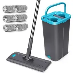 Produktbild: MASTERTOP Wischmopp Set mit Eimer, 2 in1 Bodenwischer mit Auswringfunktion für Nass-Trockennutzung, 141cm Flach Mopp Wischmop Set mit 6 Mikrofaser Pads für Alle Hartböden, Blau